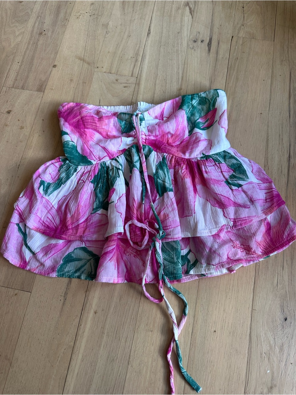 Hollister Pink & Green Floral Strapless Smocked Top